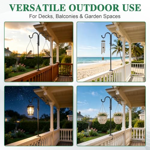 43" Shepherds Hook for Deck Railing, Double Arm Bird Feeder Holder, 2 Pack | Adjustable clamp, heavy duty steel, outdoor plant hanger, bird feeder pole, deck hook for railing, hanging plants & lanterns - color: Black - 2 Pcs