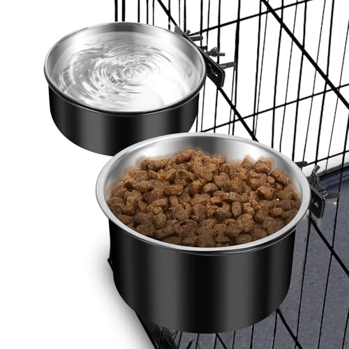 Dog Crate Bowls Hanging No Spill, ShineMe 60oz & 40oz Stainless Steel Dog Kennel Food and Water Bowls Mountable for Large and Medium Pets (7.0 x 3.7” & 6.2 x 2.5”) - color: Black, size: L (7.0x3.7'' & 6.2x2.5'')