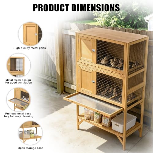 GDLF Wooden Quail Cage Indoor, 2-Tier Quail Coop with Pull-Out Trays | Ideal for indoor quail housing, with a pull-out tray, open shelving, and ventilated panels