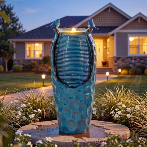 Autodaya 33" Vase Ceramic Outdoor Water Fountain with Lights and Birds | teal blue glazed water feature with textured design, ambient soothing cascading water flow for garden patio yard sanctuary - color: 33"h-birds Jar Turquoise Glaze