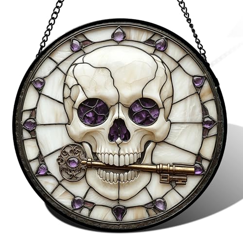 Stained Glass Window Hanging - Halloween Scary Skull Suncatcher for Doors Garden Home Spooky Purple Skeleton Key Sun Catchers Gothic Decor Horror Gifts for Women Men Friend Boy Girl 6.3 in - color: Purple and White, size: 6.3x6.3 IN