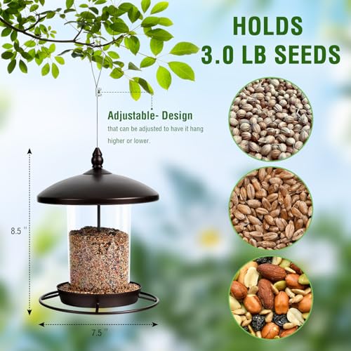 Metal Bird Feeder for Outdoors Hanging,3.0LB Seed Feeder,Easy to Fill & Clean,360° Feeding,Weatherproof Roof for Gardens and Wild Birds,Brown - color: Brown