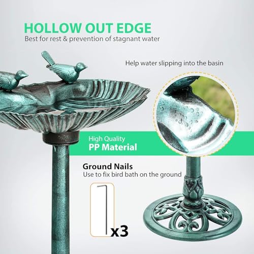 32inch Antique Bird Bath Outside Garden Weather Resistant Polyresin Backyard Expressions - color: Green