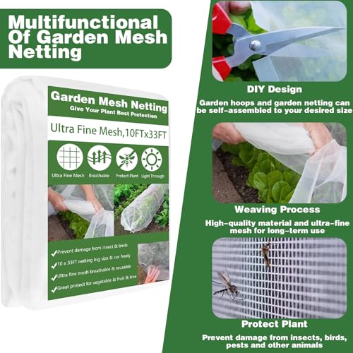Garden Mesh Netting Kit, 10x33FT Ultra Fine Mesh Netting with 6 Sets Fiberglass Garden Hoops & 24 Clips for Raised Beds Vegetable Flowers Protection Barrier Plant Covers Net