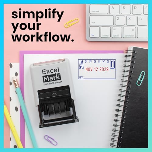 ExcelMark 2445 Date Stamp with Text - Blue and Red Ink (Gray Mount, Approved) - color: Gray Mount, size: Approved