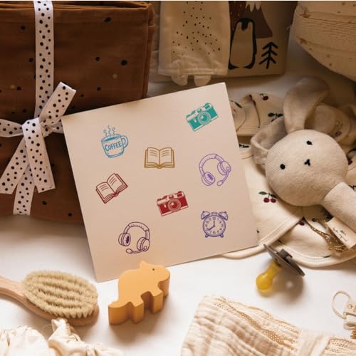 AHANDMAKER 5 Styles Mini Lifestyle Wooden Rubber Stamp, Small Book Alarm Clock Camera Coffee Cup Headphone Patterns Stamps for DIY Making Scrapbooking Card Stamping Pottery Clay Crafting - style: Lifestyle