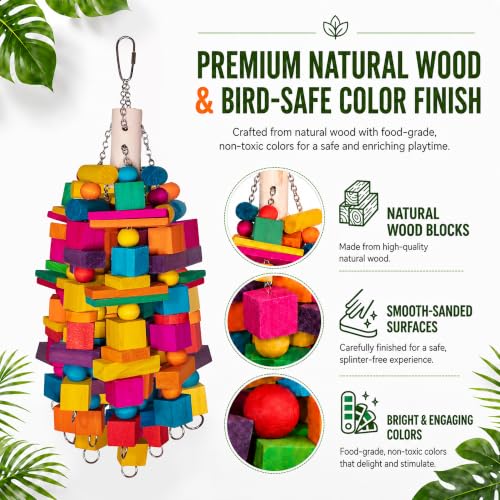 20"Large Bird Toys Natural Wooden Foraging Toys for Medium& Large Birds | 20” X-Large Bird Toys, Natural Wooden Material,Stainless Steel Chain,Bird-safe carabiner,Colorful Chew Toys,for Large Birds
