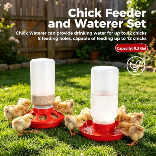 Chick Feeder and Waterer Set 0.3Gal Baby Chicken Feeder and Waterer Start Kit No Waste Automatic Chicken Feeding and Drinking Brooder Set for Baby Chicks, Duckling,Quail, Birds, Small Poultry