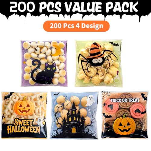 Halloween Self Sealing Cookie Bags - 200Pcs 4x4 Inch Clear Halloween Cellophane Treat Bags for Candy, Cookies, Party Favors & Gift Packaging, Plastic Halloween Goodie Bags for Kids Classroom Exchange - color: Halloween 200pcs