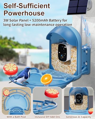 Bird Feeder with Camera, Smart Birdfeeder with Cam Solar Powered, 2K HD Video, AI Identification, Instant Arrival Alerts, IP66 Bird Bath & Feeder,Gift for BirdLover (with BirdBath, Blue) - color: Blue, style: With BirdBath