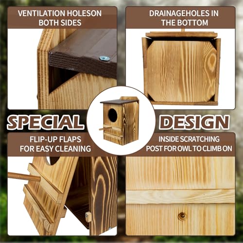 8'' x 13'' Owl House for Outdoor, Screech Owl House, Bird Box Large Handmade Wooden Circular Opening Screech Box for Outside with Mounting Screws and A Bag of Wood Shavings