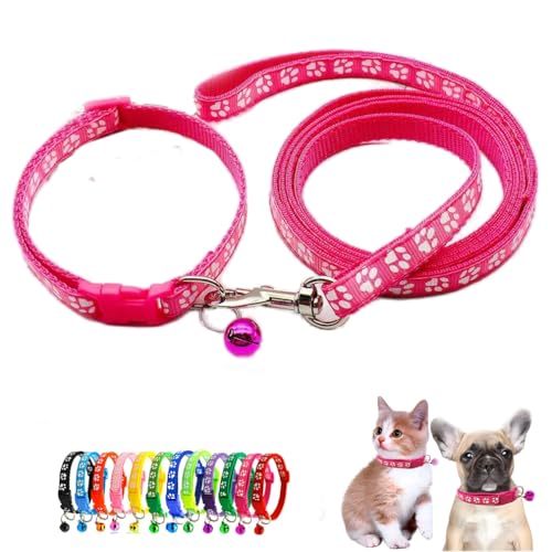 Hot Pink Dog Collar and Leash Set with Bell, Puppy Kitten Cat Collar XXS XS | Paw Print Reflective Dog Collar Leash Set with Bell, Basic Nylon Boy Girls Pet Collar Adjustable For XXS XS S Tiny Puppies - color: hot pink