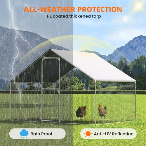 Large Metal Chicken Coop Walk-in with Double Locking Doors, Heavy Duty Outdoor Chickens House with Waterproof Protective Cover, Predator-Proof & Weather-Resistant Enclosure，Metal G，6 * 10 * 6 FT | Double Feed Door UV-Resistant Cover Heavy Duty Outdoor Cag