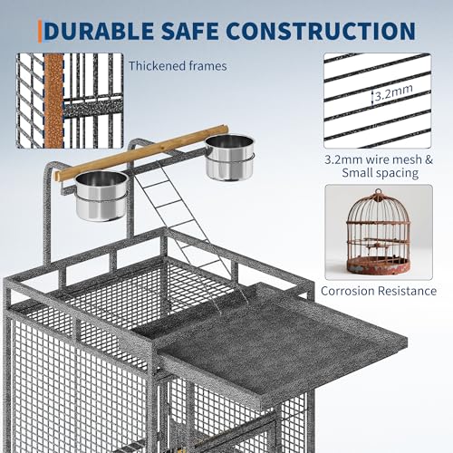 61" Large Bird Cage, Metal Parrot Cage with Play Top, Rolling Stand & Bowls - Bird Aviary for Parrots, Conures, Cockatiels, Parakeets, Indoor Outdoor Aviary for Outside Yard Garden Porch, Black/Silver