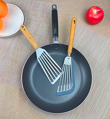 KLAQQED Fish Spatula Set for Nonstick Cookware Flexible Metal Fish Spatula Stainless Steel Small Fish Slotted Spatula Turner with Wood Handle - color: White, Wood