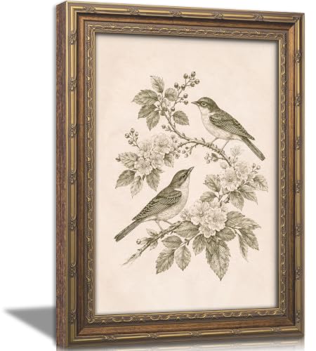 Vintage Gold Framed Bird Wall Art, Birds on Floral Branch Canvas Print, Antique Neutral Cottagecore Wall Decor, Retro Sepia Sketch Wildlife Botanical Poster Artwork for Bedroom Living Room - color: Bird-2, size: 11"L x 9"W