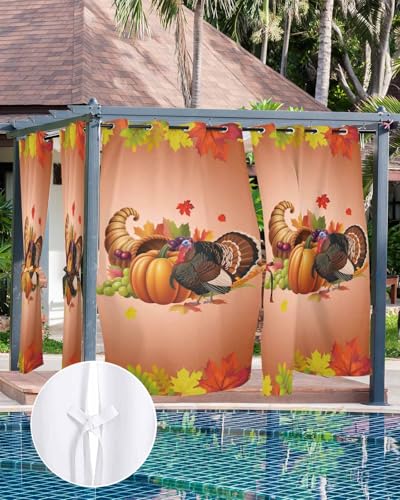 Outdoor Curtain for Patio, Orange Pumpkin Fall Waterproof Blackout Curtain for Porch/Pergola/Gazebo, Thanksgiving Botanical Turkey Thermal Insulated Drapes for Cabana, 2 Panels, 54 x 108 Inch - size: 54"W x 108"L (Pack of 2)