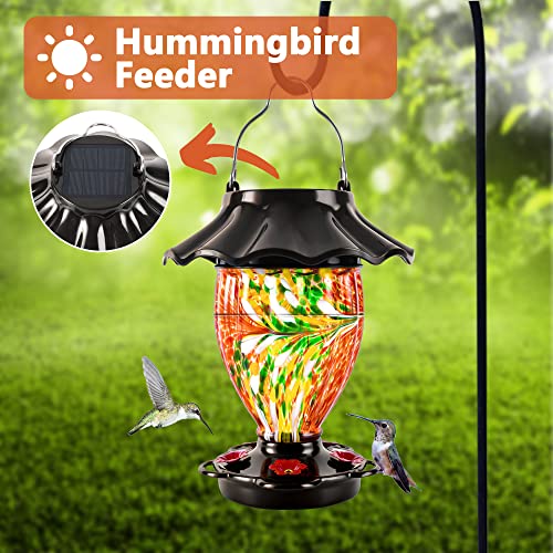 LUJII Solar Hummingbird Feeder for Outdoors Hanging with Color Changing, Hand Blown Glass Reservoir, 32 fl.oz, Never Leak, Lighted Lantern for Garden Decor, Unique Gift for Bird Lover (Red) - color: Red