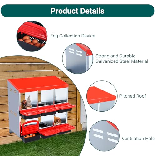 6-Hole Chicken Nesting Box with Removable Lid, Metal Chicken Coop with Roll Away Design/Easy Egg Collection/Ventilation Holes, for Chicken Coops, Duck Coops and Hens - color: Red, size: 6 holes without legs