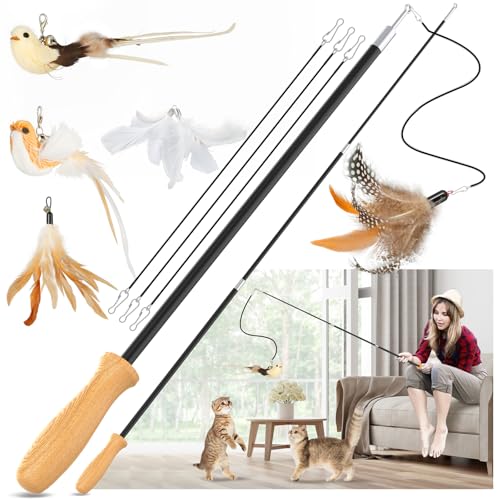 ROSAUI Cat Teaser Wand Toys, Interactive Bird Toys for Indoor Kittens, 42.15’’ Long Cat Fishing Pole Toys, 2Pcs Wires and 5Pcs Natural Refills, Sustainable Wooden Handles, Exercising, Playing - style: Original Wand Set – 2 Rods, 5 Toys