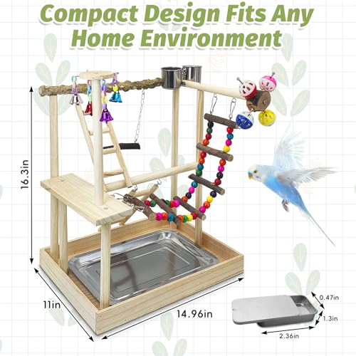 PINVNBY Bird Playground Parrot Perch Stand Play Gym Cockatiel Wood Bird Toys Birds Cage Accessories Playpen Ladder with Feeder Cups Hanging Swing Toys for Parakeet Conure Lovebird Cockatiel - size: Two Floors With Bell Platform