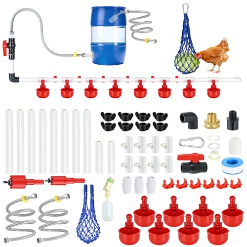 57 Pcs Automatic Chicken Waterer System Set, Chicken Watering System Kit with 8 Chicken Water Cups, Float Valve, Water System for Chickens Ducks Quail Poultry