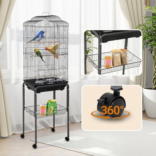 60" Large Bird Cage, Heavy-Duty Metal Flight Cage with Rolling Stand, Play Top, Removable Tray & Food Bowls, Easy Clean Non-Toxic Coating Birdcage for Parakeets, Cockatiels, Conures, Parrots - size: 60.24 Inches