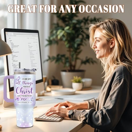 DUUV Christian Tumbler 40oz, Insulated Christian Gifts for Mom Women | Purple Bible Verse Butterfly Tumbler Leakproof, Inspirational Gift for Christians, I Can Do All Things Through Christ, 1 Pack - color: Butterfly Christian