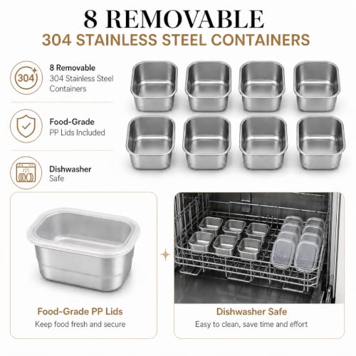 Snackle Box Container, Stainless Steel Divided Serving Tray with Lid, Handle and Forks - color: 8 pack
