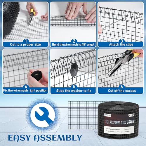 Solar Panel Bird Guard 6 in x 50 ft for Squirrel, Bird, Critters Proofing | Critter Guard for Solar Panels with 100 Pcs Stainless Steel Fasteners, Removable PVC Coated Pigeon Netting Wire - size: 6inch x 50ft