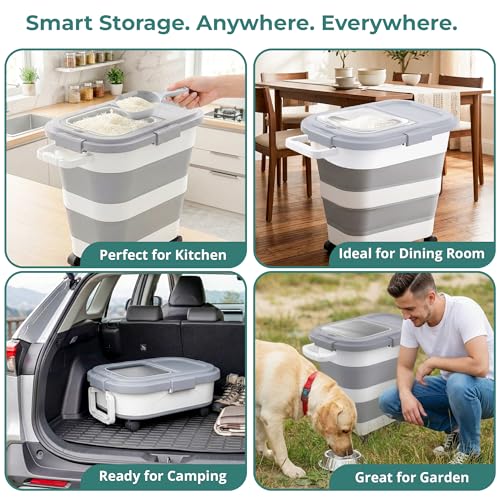Home & Hearthly Collapsible Rice Storage Container 25–35 lbs, Airtight, Space-Saving Food Storage Bin with Wheels and Measuring Cup, Easy-Pour Grain Dispenser for Rice, Flour and Pet Food