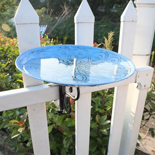 PFNRTH Bird Bath Deck Mounted Bowl 12 Inches for Garden Outdoor Yard Décor | Metal Blue Patterned Balcony Railing Bird Bath