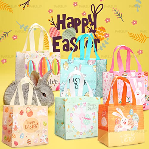 PARSUP 12PCS Happy Easter Bunny Carrot Chick Egg Hunt Gift Treat Multifunctional Non-Woven Bags with Handles,Easter Party Supplies for Gifts Wrapping, 8.3×7.9×5.9inch - color: Orange Yellow Blue Pink Green