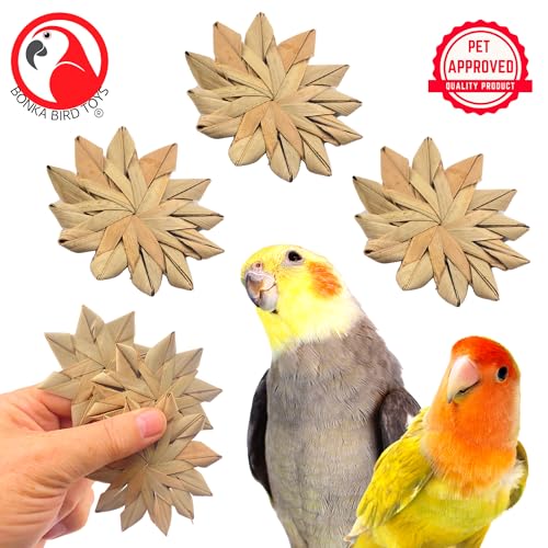 Bonka Bird Toys 1271 3" Palm Leaf Flowers pk3 for Small Medium Birds | Hand woven natural palm leaf construction for chewing and shredding enrichment