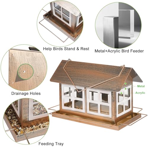 Bird Feeder, Waterproof Bird Feeders for Outdoor Hanging | Heavy Duty Metal, 6LB Large Capacity, 4 Perches, Drain Holes, For Outside Garden Yard Country Hanging, House Shape - size: Horizontal