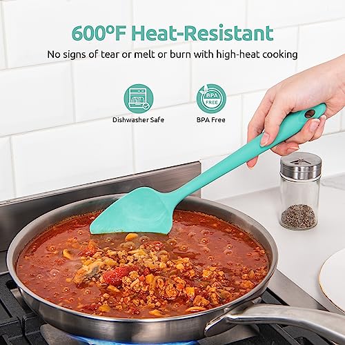 U-Taste 600ºF Silicone Turner Set 13.6in Solid Slotted & Spatula Set Heat Resistant & 600ºF Tongs Set 9 12inch Nonstick Stainless Handle(Aqua Sky)