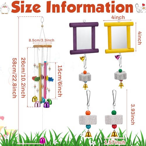 VioraWhite 7 Pcs Chicken Toys, Hanging Chicken Wind Chime, 2 Pcs Coop Mirror Toys with Bells 4 Pack Beak Grinding Stones, Musical Coop Accessories for Hen Rooster Chick Poultry Birds(Yellow, Purple) - color: Yellow, Purple