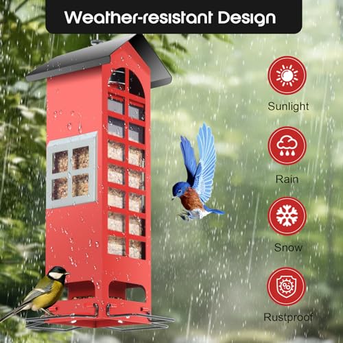 Bird Feeders Squirrel Proof for Outdoor Hanging Wild Bird Feeders with Weight Activated Ports,Metal Cardinal Tube Birdhouse Finch Seed Feeder,Large 2.5LB Capacity for Chickadee Blue Jay Woodpecker - color: Red