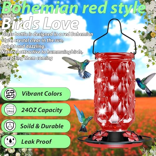 24OZ Glass Hummingbird Feeders for Outdoors Hanging,Five Feeding Ports with Perch, Leak Proof for Gardens Decor Backyard, Bird Feeder for Outside, Birthday Gifts for Women Men, Gifts for Mom Dad - color: Red
