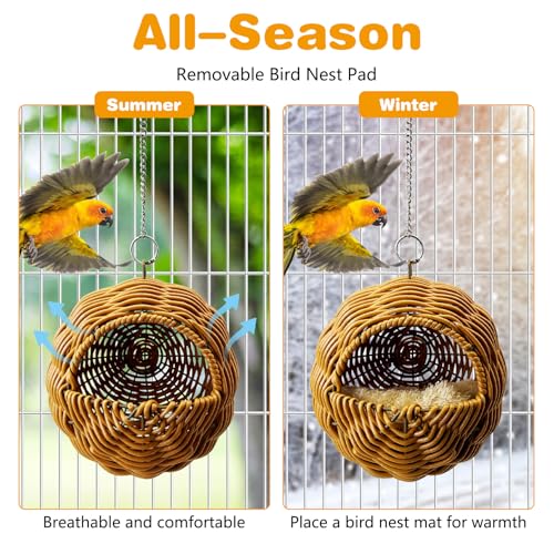 Rattan Birds Nest for Cage Hanging Parakeet House Chewproof Parrot Breeding Bed Small Budgies Hideout Swing Hut Bird Cage Accessories for Lovebirds Cockatiel Conure Finch Canary (Brown)