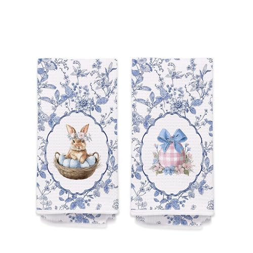 Blue and White Chinoiserie Easter Egg Bunny Kitchen Towels Set of 2 - Farmhouse Spring Easter Rabbit Hand Towels for Kids Girls Bathroom, Vintage Blue Floral Dish Tea Towel Dishcloth616 - color: Hcolor004