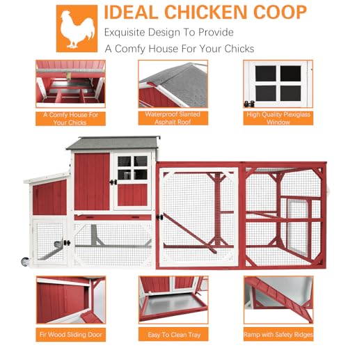 PetsCosset 95.3" Mobile Chicken Coop Tractor Hen House with Nesting Box,Backyard Chicken Coops Chicken House,2 Story Wooden Indoor Outdoor Poultry Cage for 3-5 Chicken with 6 Access,Pull-Out Tray(RED) - size: 95.3" L - Red