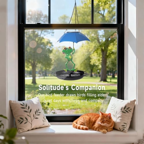 Solar Bird Feeders for Outdoors Hanging Garden Decor - Metal Frog Outdoor Figurine Solar Lights Hummingbird Feeder, Waterproof Wild Bird Feeders Garden Gifts for Women, Mom