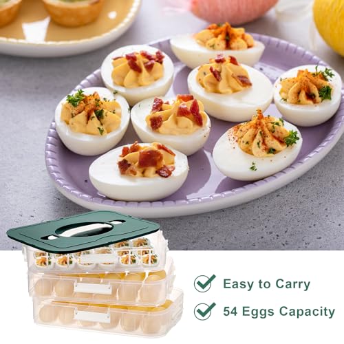 BTSKY Deviled Egg Platter with Lid, 3-Layer 54 Slots Deviled Eggs Carrier, Clear Portable Egg Holder for Fridge Reusable Deviled Eggs Tray Carton Box for Easter and Party Favor (3-Layer, Green) - color: Green, size: 3 Layer-Hold 54 Eggs