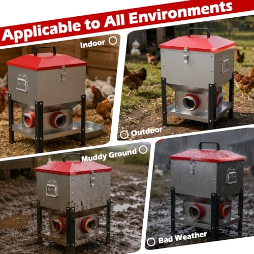 35LB Large Automatic Chicken Feeder- 4 Ports Metal Chicken Feeders, Dual No Waste Design with Locking Lid & Riveted Handles, Rainproof Poultry Feeder for Chickens, Ducks, Geese