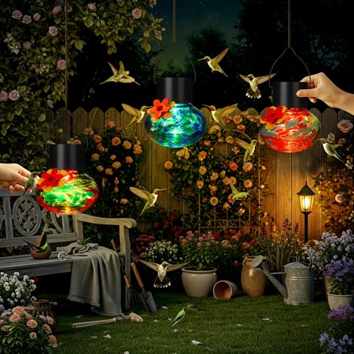 Nuogo 3 Pcs 3.54 Inch Blown Glass Hummingbird Feeders Solar Powered Hummingbird Feeder with LED Light for Garden Outdoors Window Decor Valentine Hanging Gifts Ant and Bee Resistant(Stylish Colors) - color: Color B, style: Classic