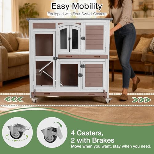 47.2" Two-Story Rabbit Hutch with Wheels, Indoor Outdoor Bunny Cage with Openable Viewing Window & Leakproof Sliding Trays, Wooden Rabbit House with Ramp-(Brown) - color: Brown-AIR06