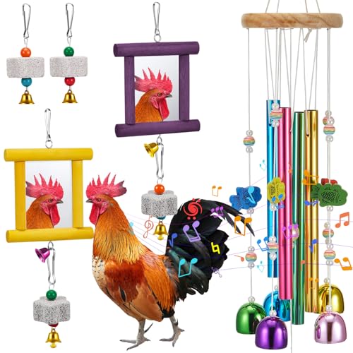 VioraWhite 7 Pcs Chicken Toys, Hanging Chicken Wind Chime, 2 Pcs Coop Mirror Toys with Bells 4 Pack Beak Grinding Stones, Musical Coop Accessories for Hen Rooster Chick Poultry Birds(Yellow, Purple) - color: Yellow, Purple