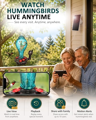 LUJII Smart Hummingbird Feeder with Camera for Outdoor Hanging, Hand Blown Glass, Solar WiFi Feeder with Live View App, 6 Feeding Ports, Leak-Resistant Design, Ant Moat & Gift Box, 36 fl oz, Teal - color: Blue, size: X-Large