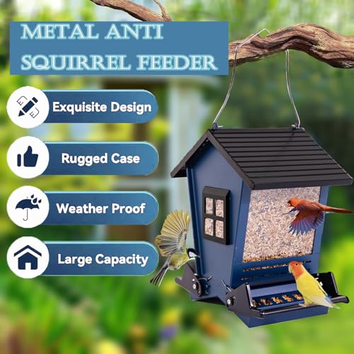 Squirrel Proof Bird Feeders for Outdoors with Weight-Activated, Metal 5LB Large Wild Bird Feeders for Cardinals,Blue Jay,Finch, Weatherproof Durable Hanging Bird Feeder for Backyard,Garden
